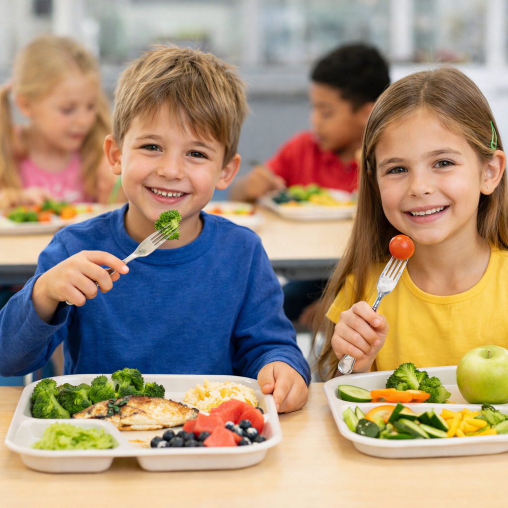 niños comiendo en catering escolar